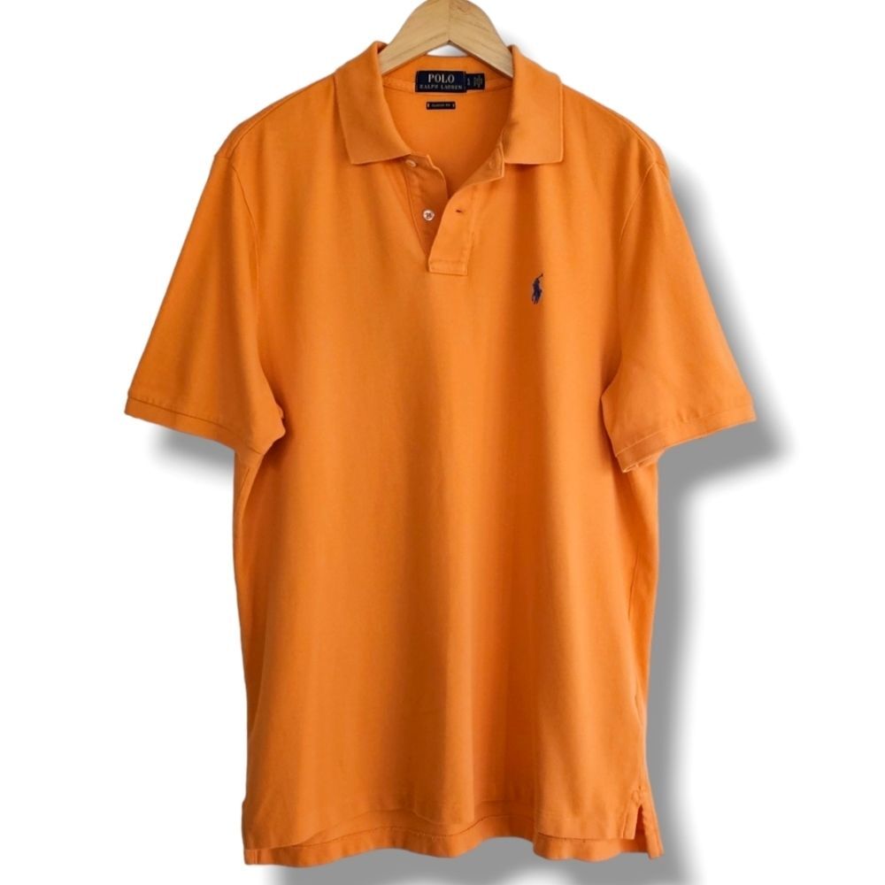 Ralph Lauren Polo Shirt Mens Size‎ L Short Sleeve Orange Navy Blue Pony Preppy